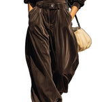 Vintage brown velvet hoodie and loose-fitting trousers set（Includes belt）