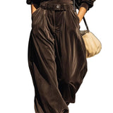 Vintage brown velvet hoodie and loose-fitting trousers set（Includes belt）