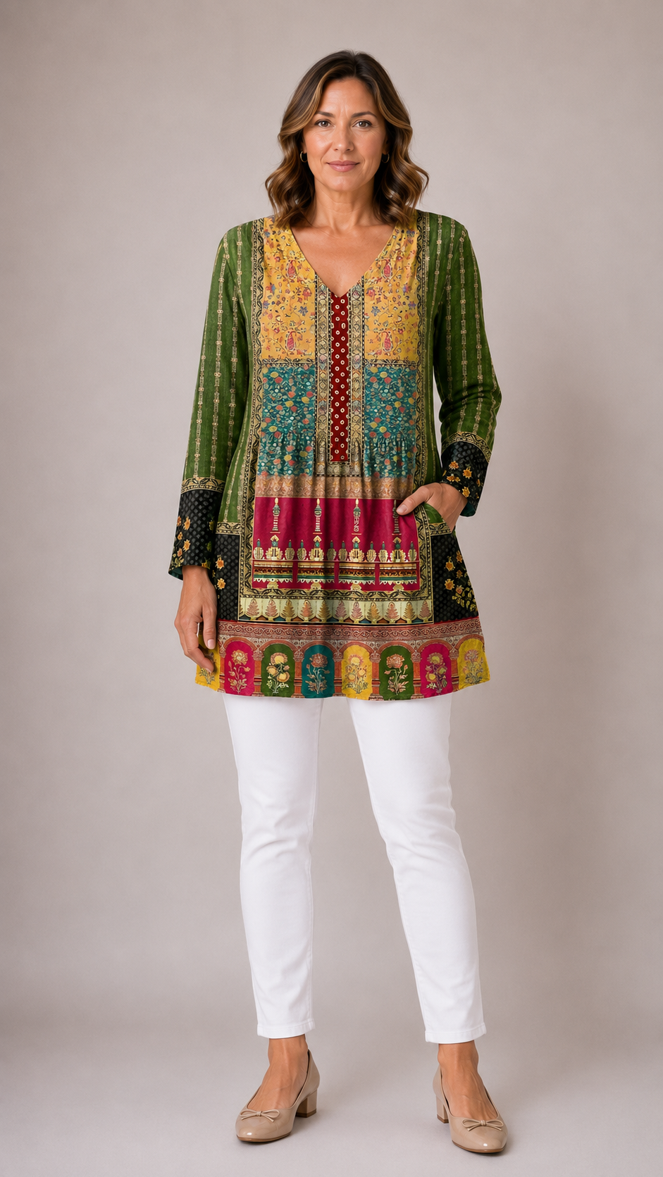 MULTICOLOUR LONG BLOUSE WITH V-NECK 2