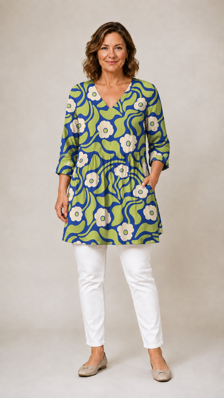 GREEN LONG BLOUSE WITH V-NECK 3