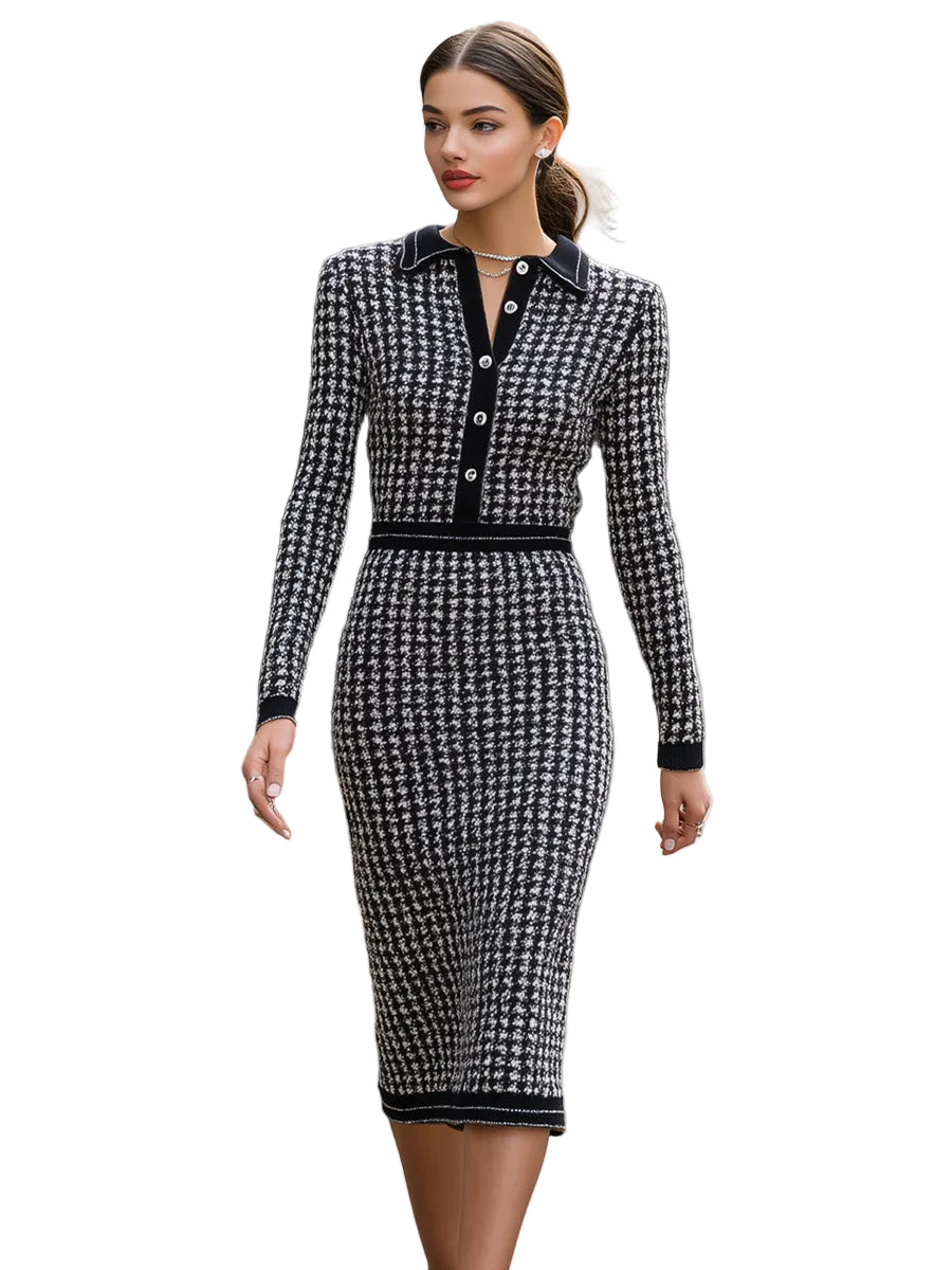 Houndstooth Knit Midi Dress With Contrast Collar