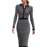 Houndstooth Knit Midi Dress With Contrast Collar