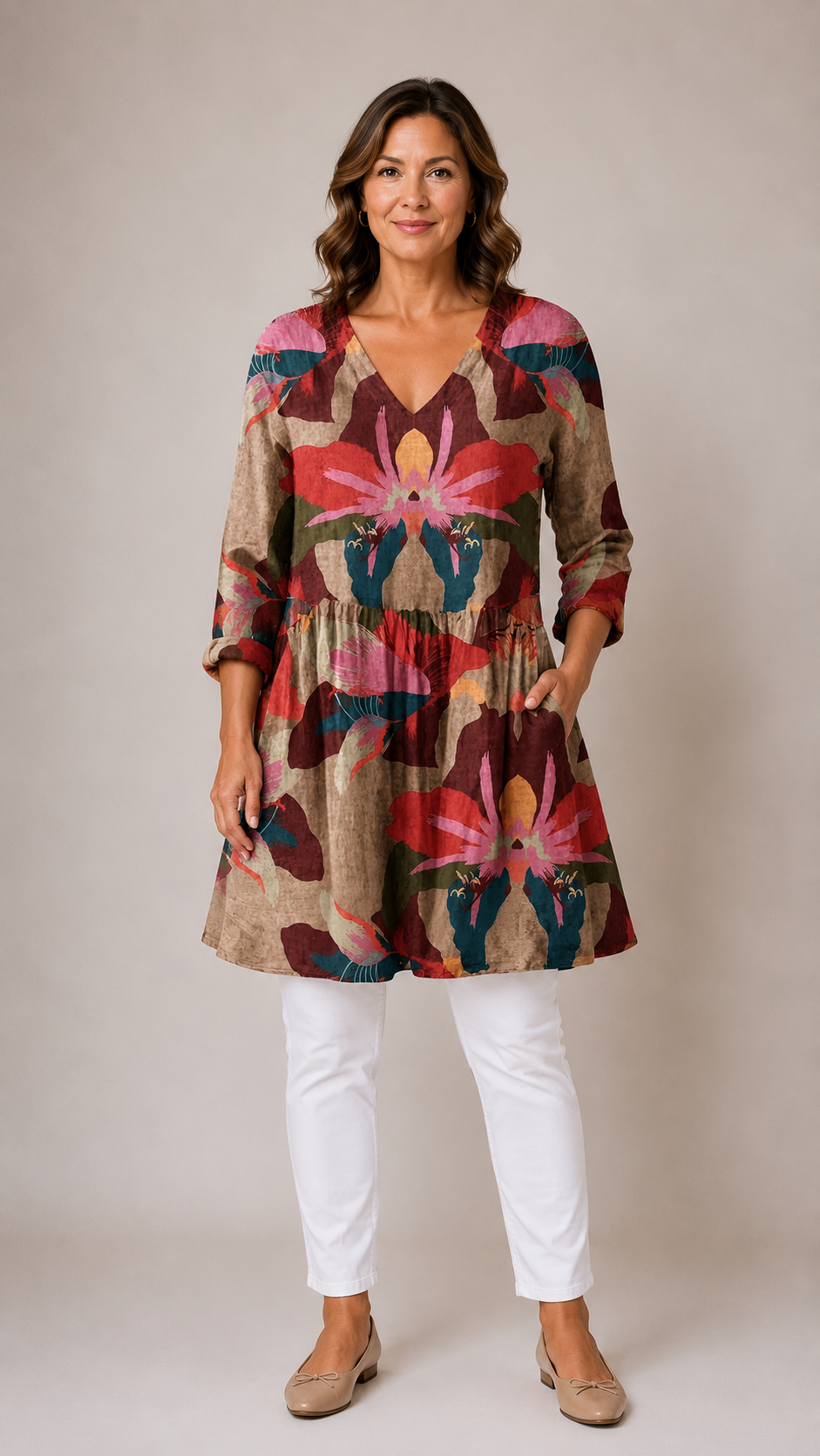 MULTICOLOUR LONG BLOUSE WITH V-NECK 3