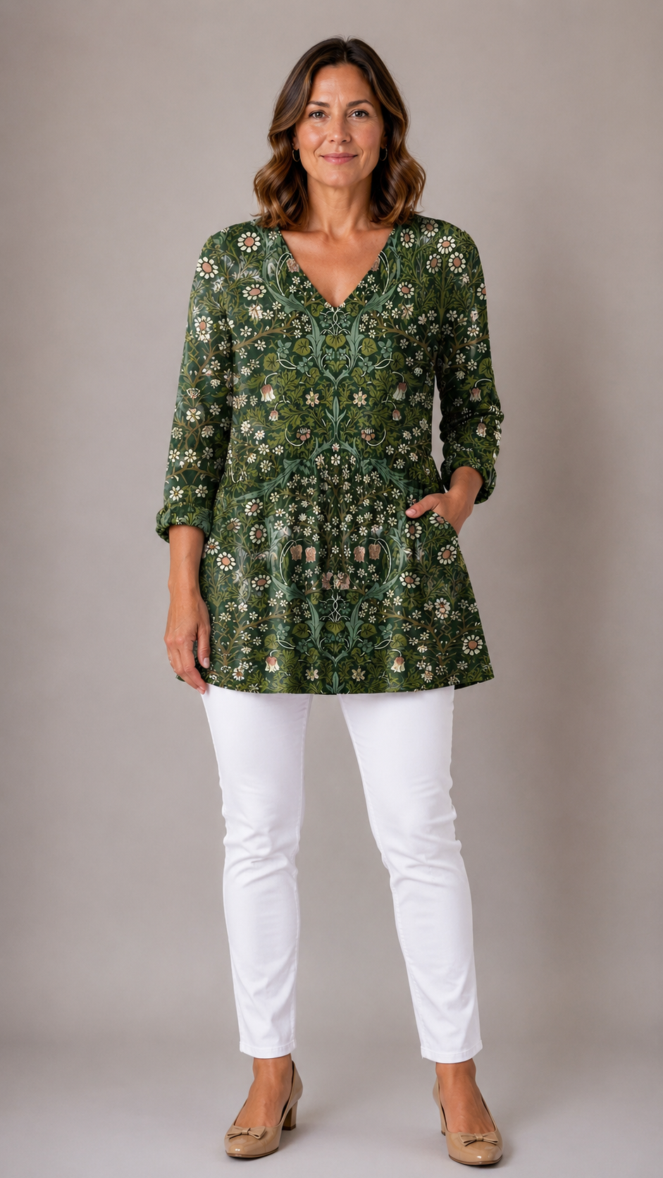 GREEN LONG BLOUSE WITH V-NECK 2