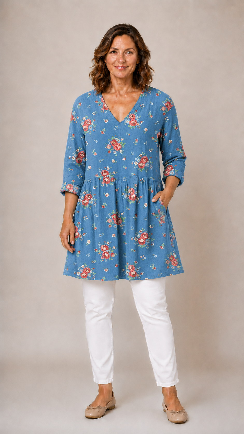BLUE LONG BLOUSE WITH V-NECK 2