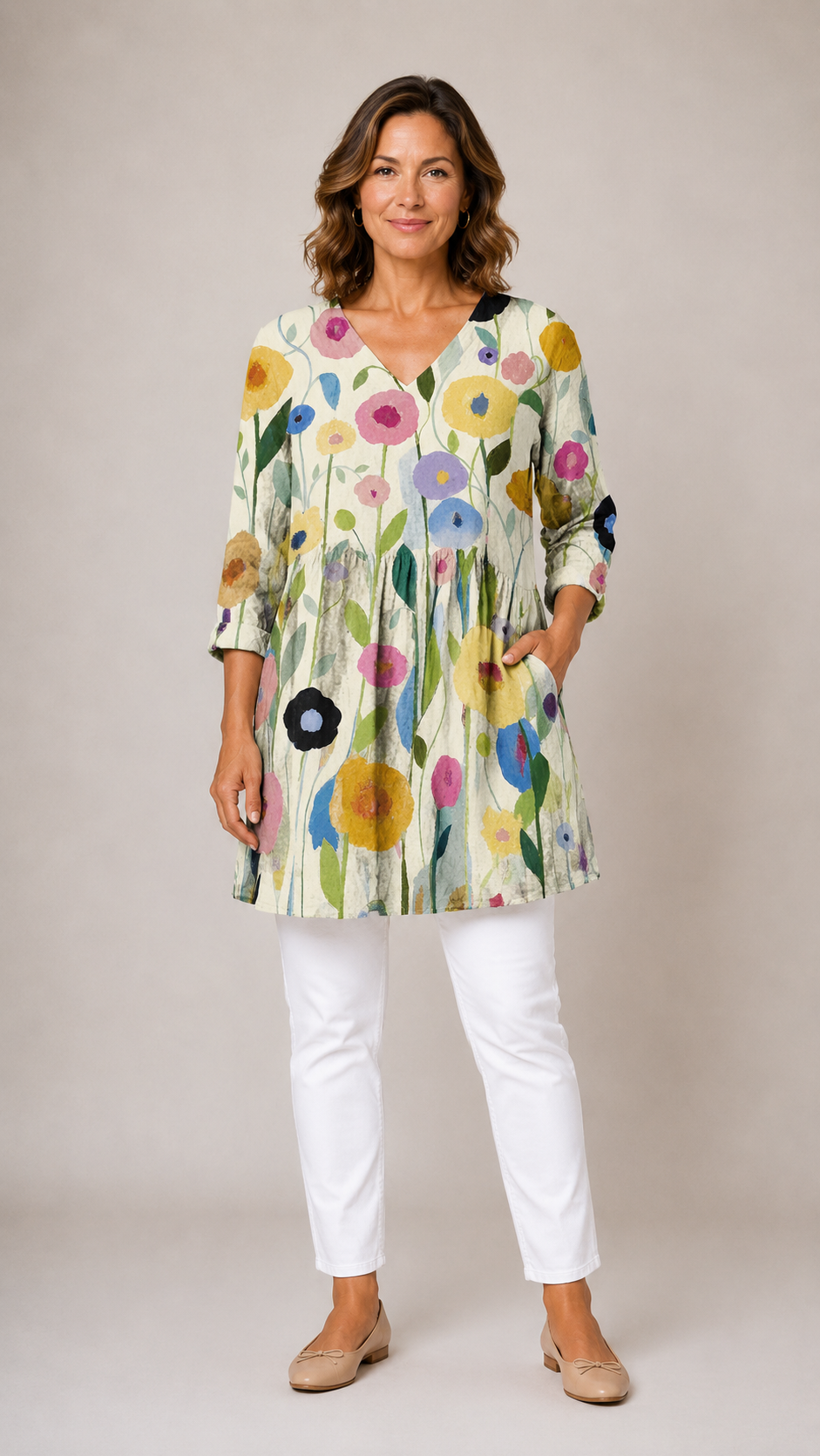 MULTICOLOUR LONG BLOUSE WITH V-NECK 10