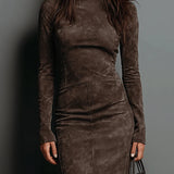 High Neck Long Sleeve Suede Midi Dress