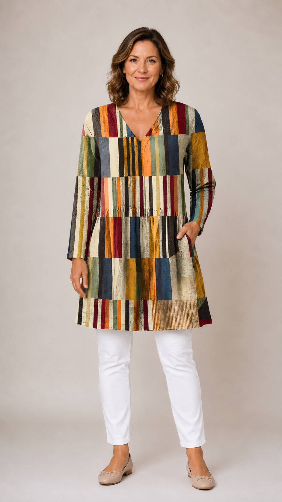 MULTICOLOUR LONG BLOUSE WITH V-NECK 1