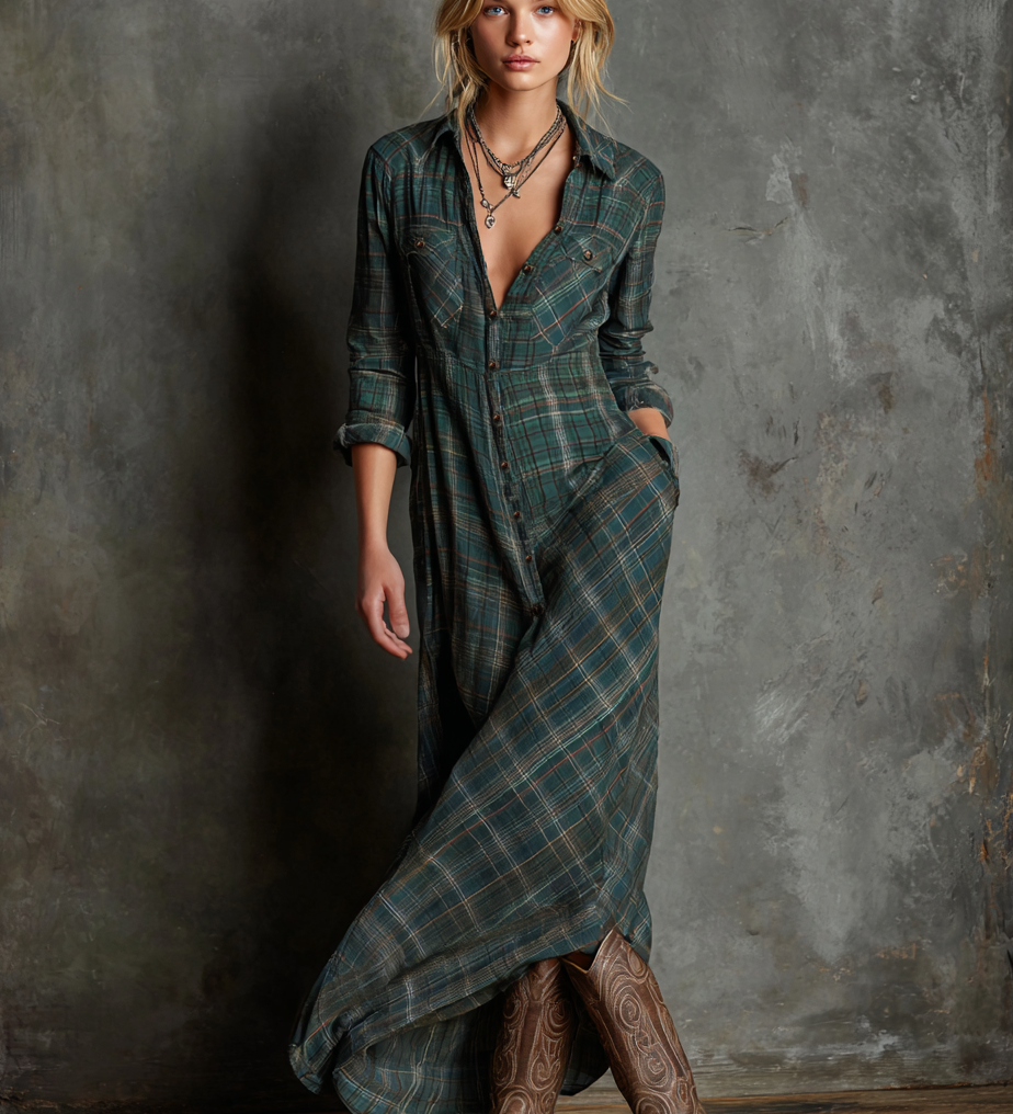 Women's Plaid Lapel Single-Breasted Shirt Maxi Dress MDA1249H1Y