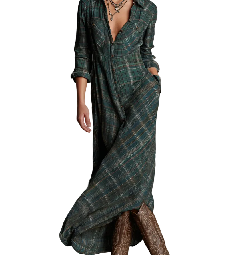 Women's Plaid Lapel Single-Breasted Shirt Maxi Dress MDA1249H1Y