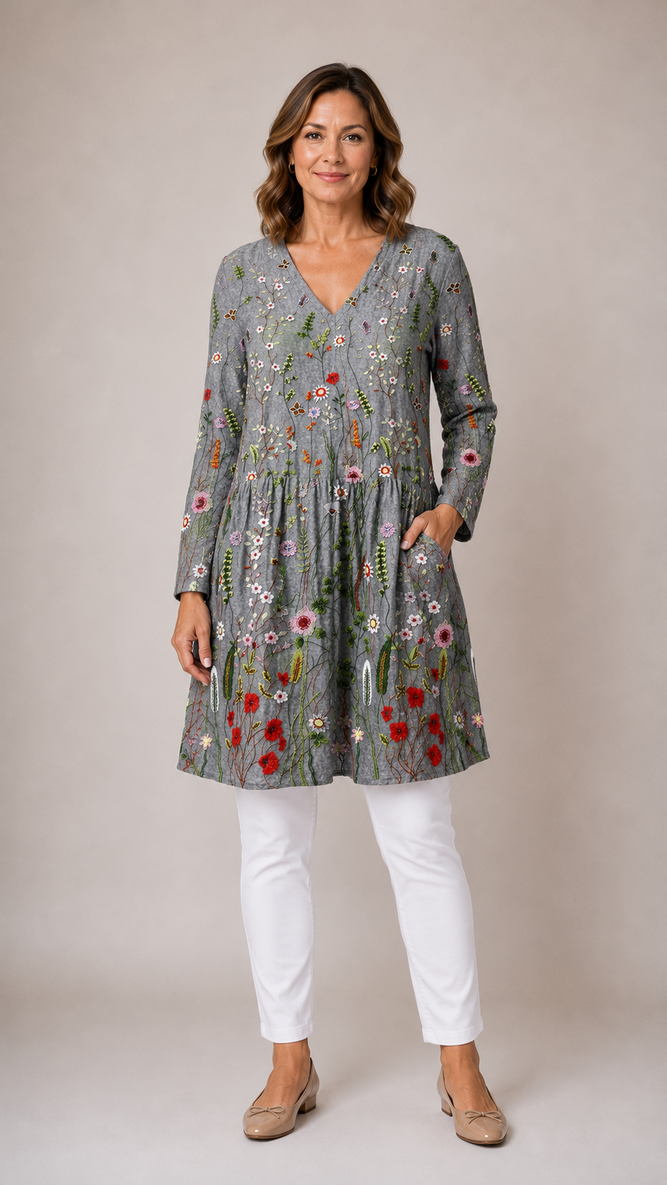 GREY LONG BLOUSE WITH V-NECK 1