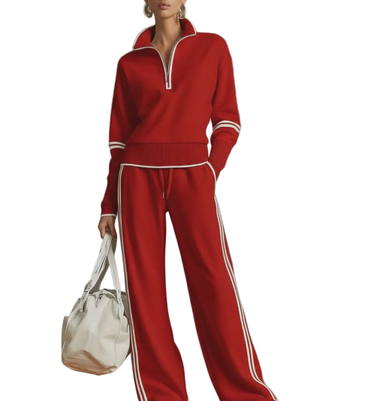 Retro Sporty Webbing Grey-white Half-zip Sweatshirt And Wide-leg Pants Set