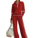 Retro Sporty Webbing Grey-white Half-zip Sweatshirt And Wide-leg Pants Set