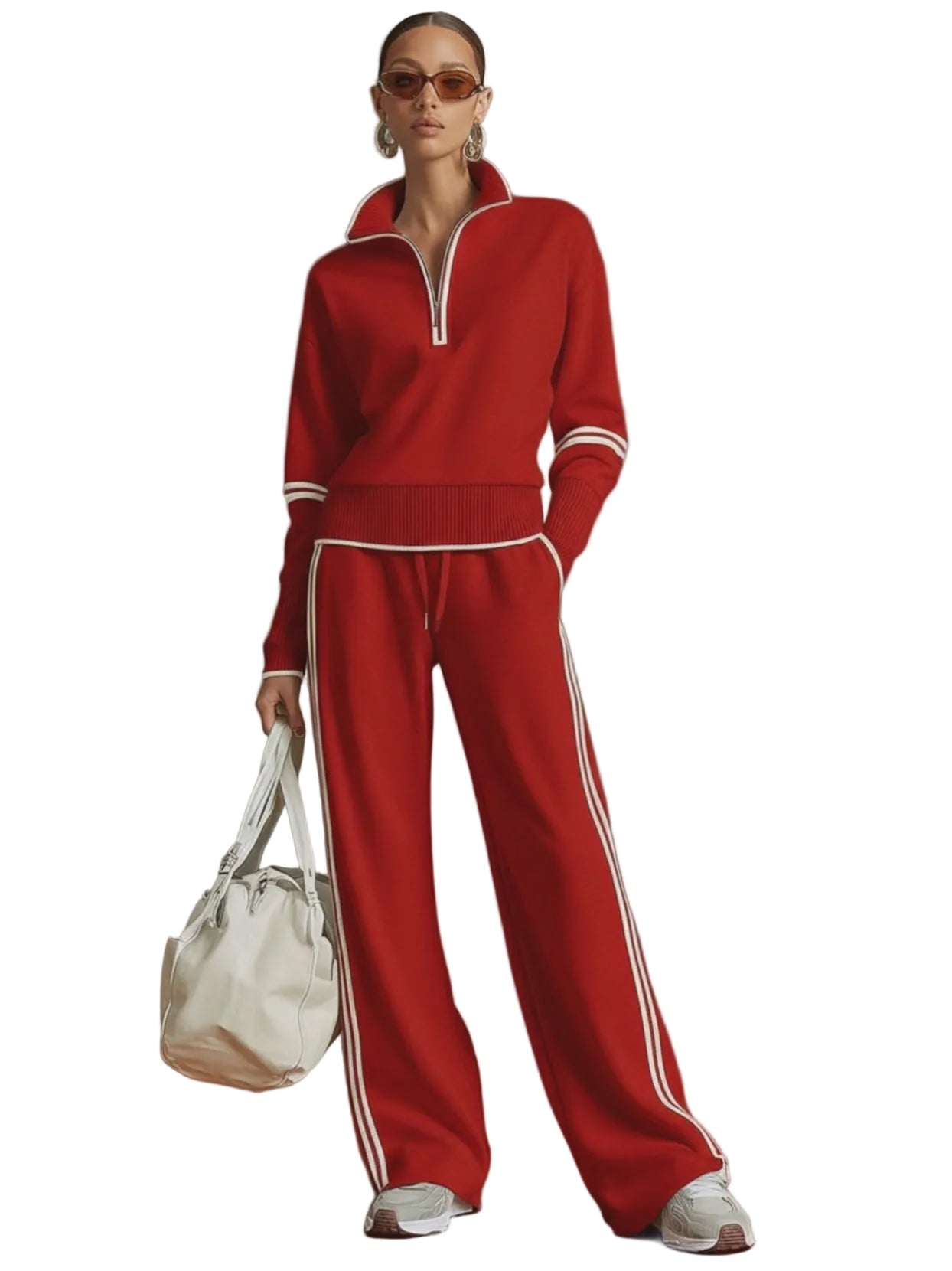 Retro Sporty Webbing Grey-white Half-zip Sweatshirt And Wide-leg Pants Set