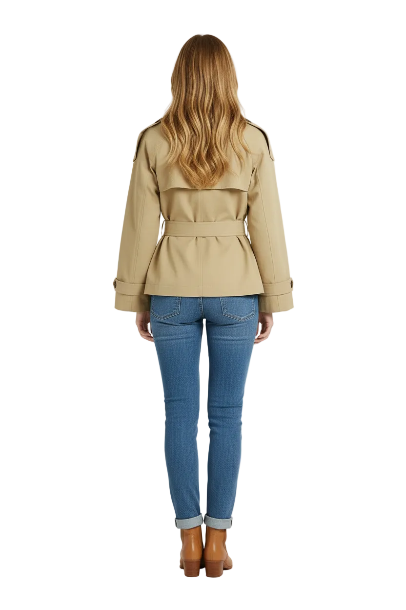 Short Trench Jacket with High Neck and Belted Waist