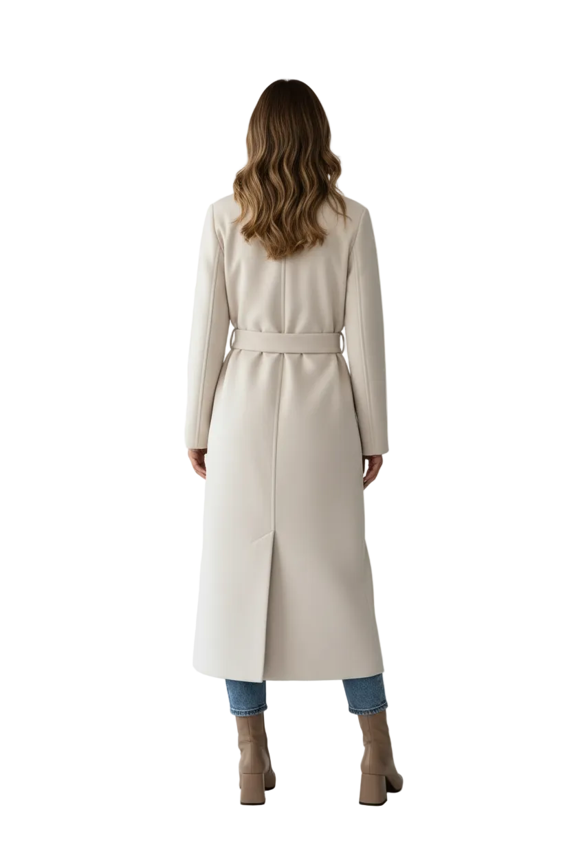 Long Womens Coat with Double Button Front and Belted Waist