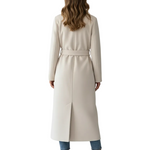 Long Womens Coat with Double Button Front and Belted Waist