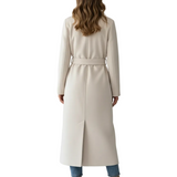 Long Womens Coat with Double Button Front and Belted Waist