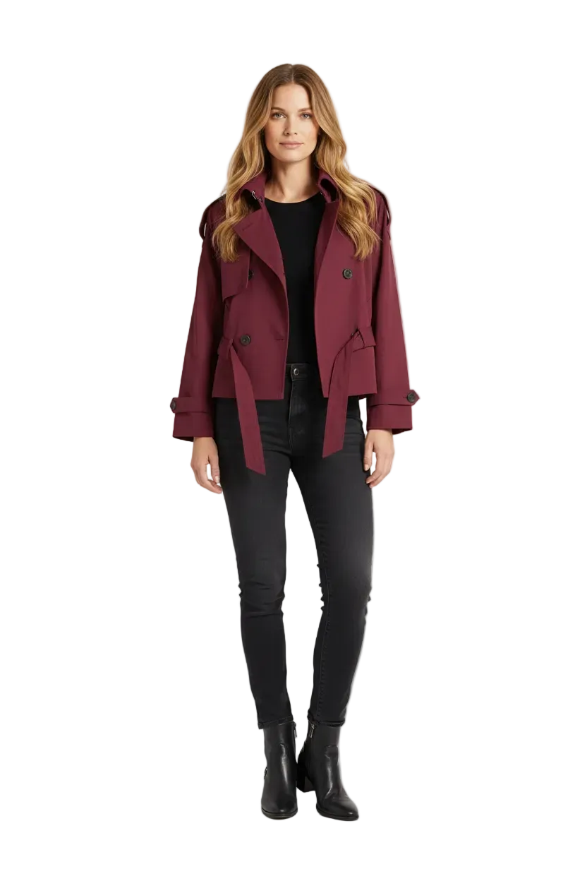 Short Trench Jacket with High Neck and Belted Waist