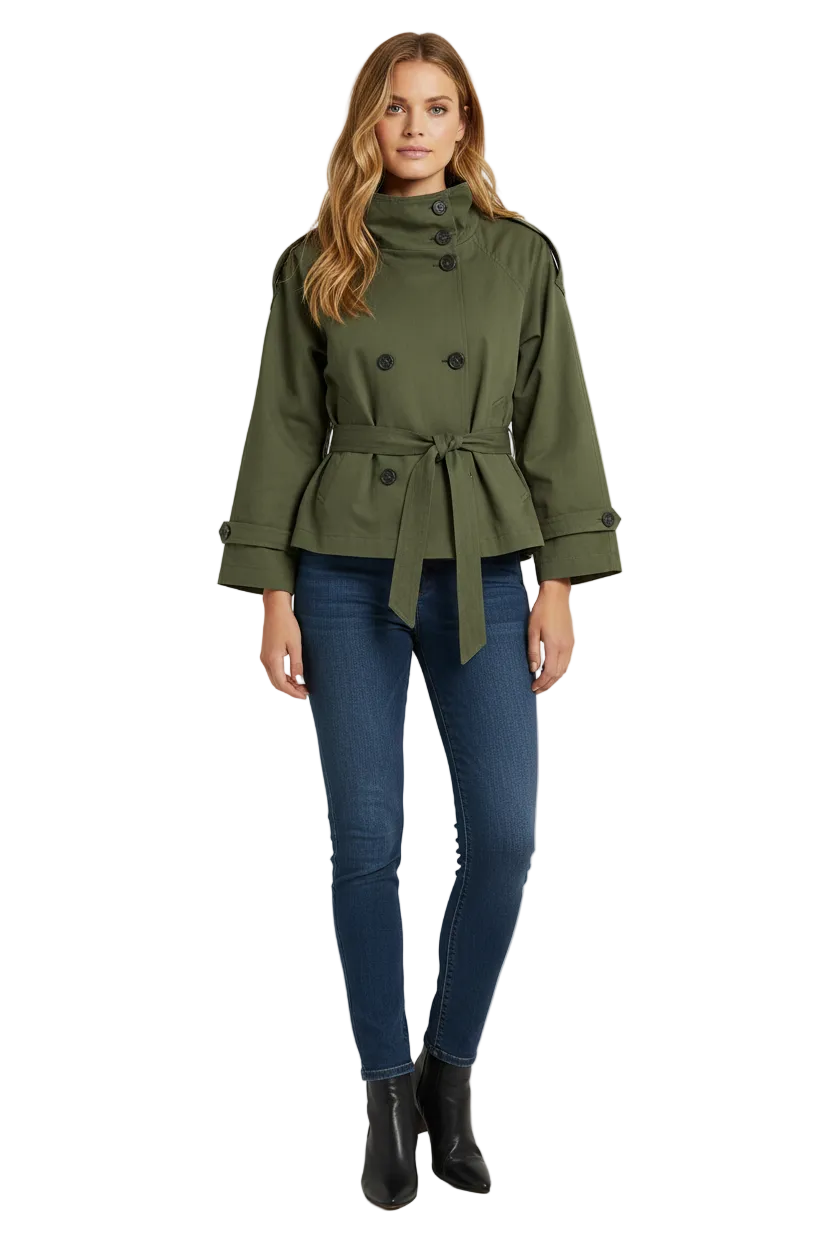 Short Trench Jacket with High Neck and Belted Waist