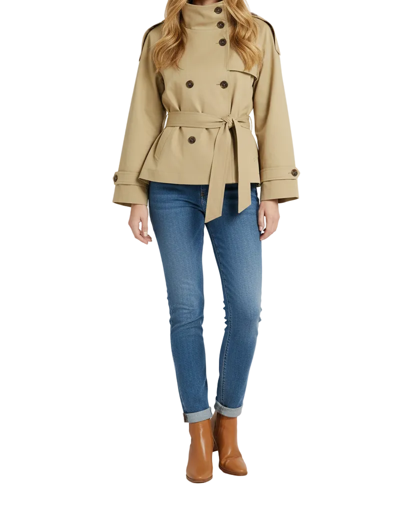 Short Trench Jacket with High Neck and Belted Waist