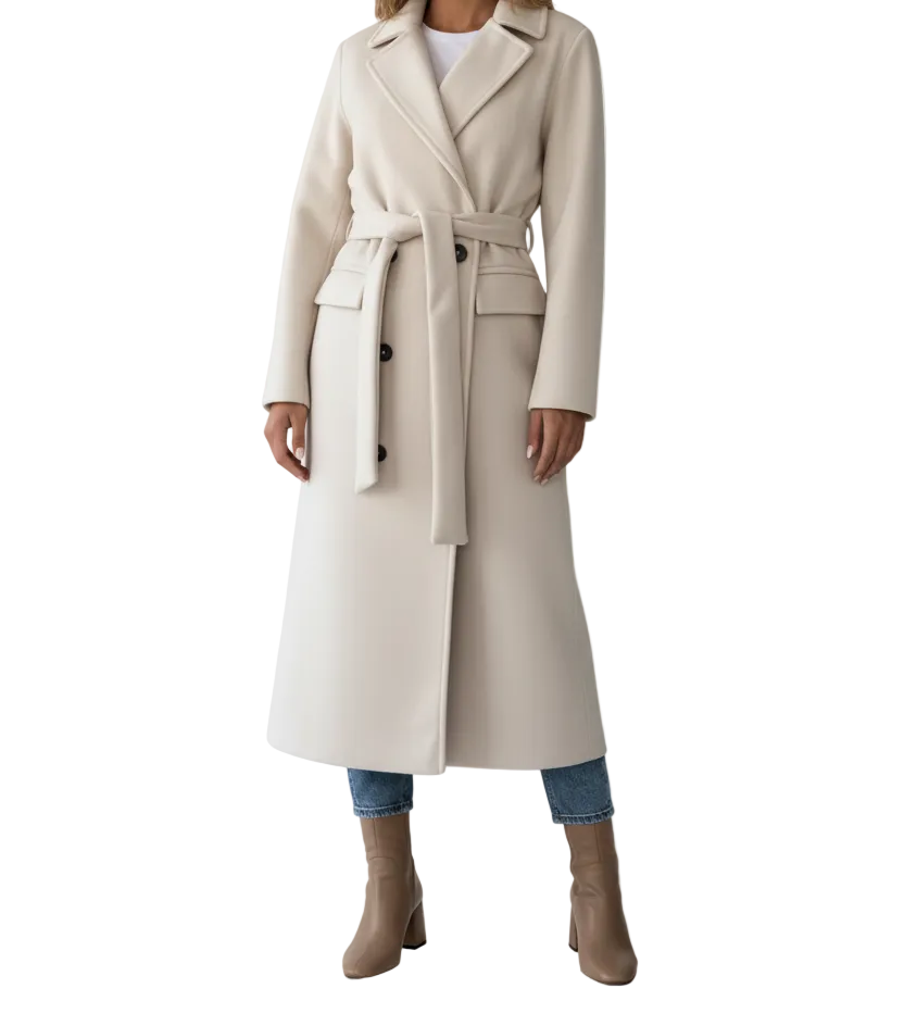 Long Womens Coat with Double Button Front and Belted Waist