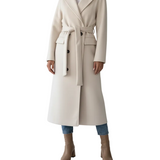 Long Womens Coat with Double Button Front and Belted Waist