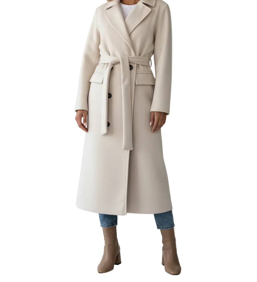 Long Womens Coat with Double Button Front and Belted Waist