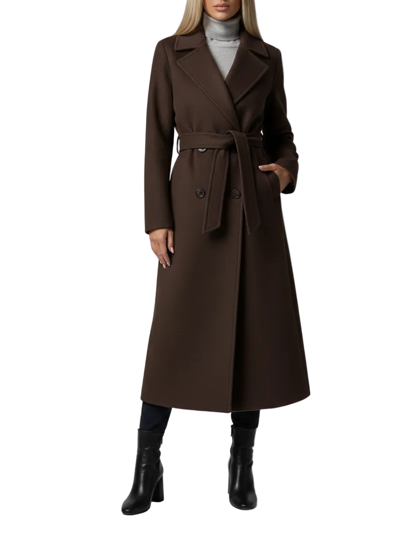 Long Womens Coat with Double Button Front and Belted Waist