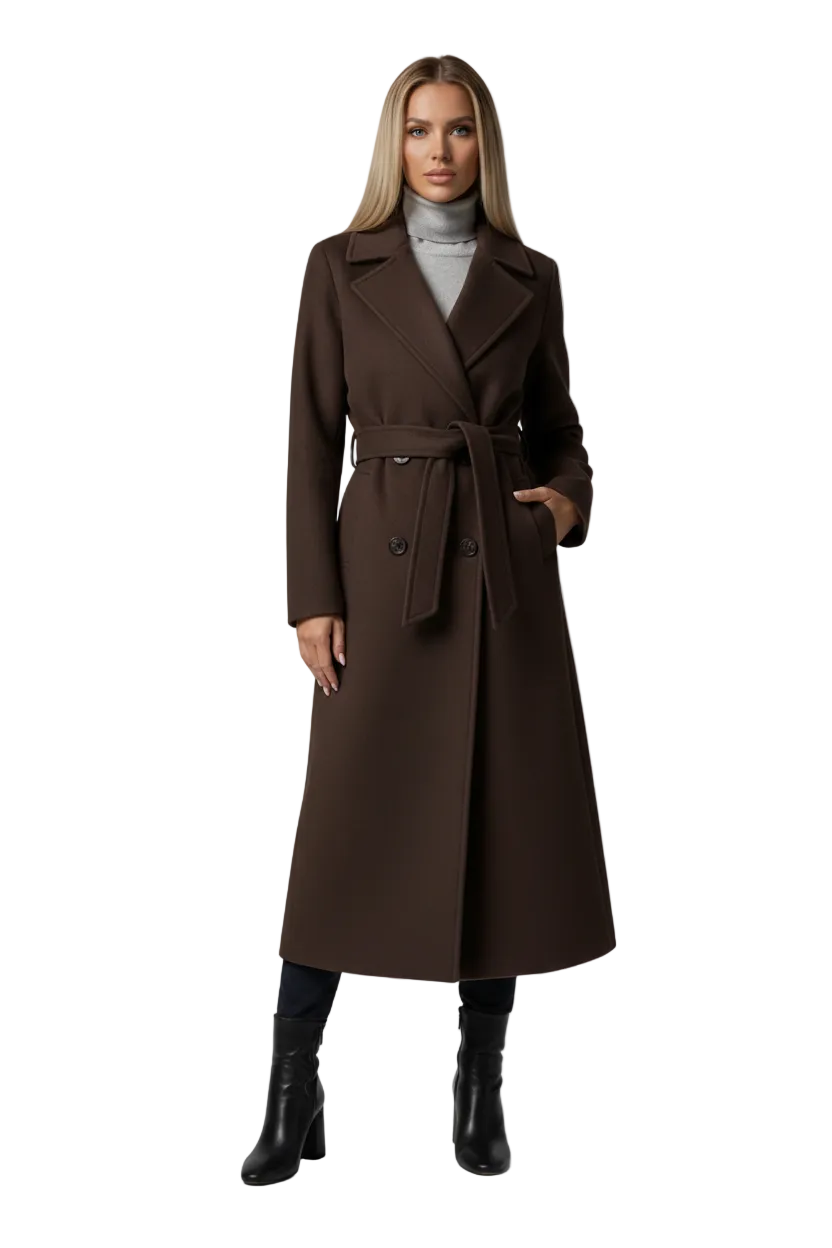 Long Womens Coat with Double Button Front and Belted Waist