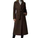 Long Womens Coat with Double Button Front and Belted Waist