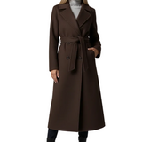 Long Womens Coat with Double Button Front and Belted Waist