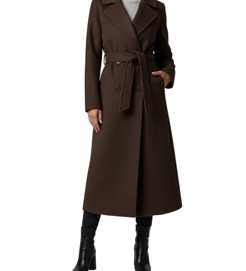 Long Womens Coat with Double Button Front and Belted Waist