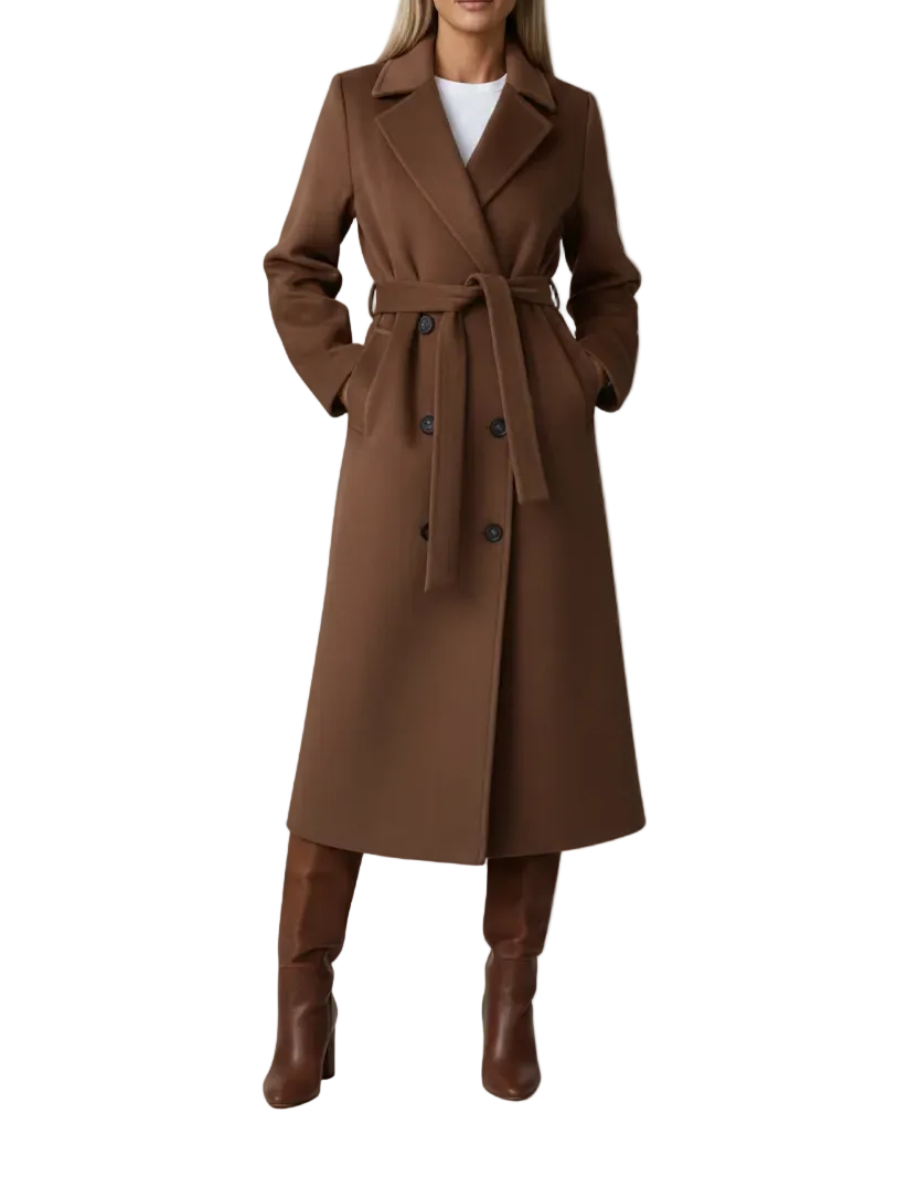 Long Womens Coat with Double Button Front and Belted Waist