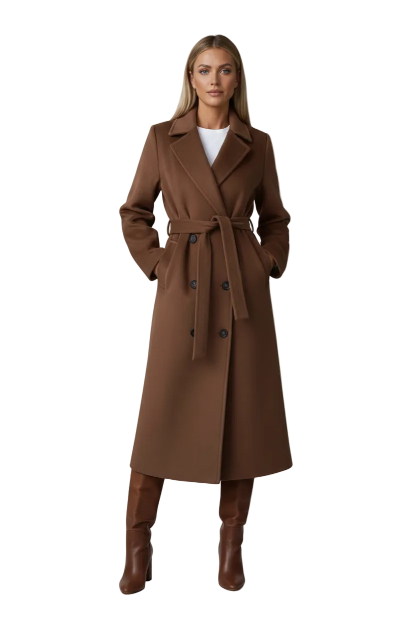 Long Womens Coat with Double Button Front and Belted Waist