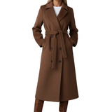 Long Womens Coat with Double Button Front and Belted Waist