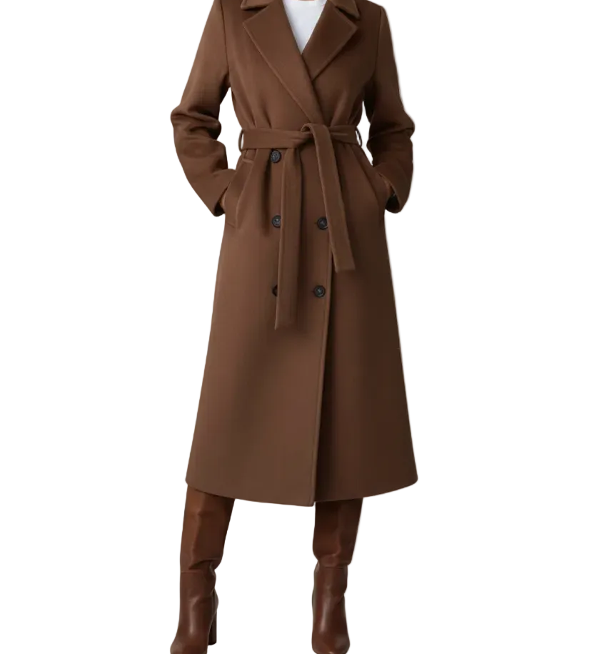 Long Womens Coat with Double Button Front and Belted Waist