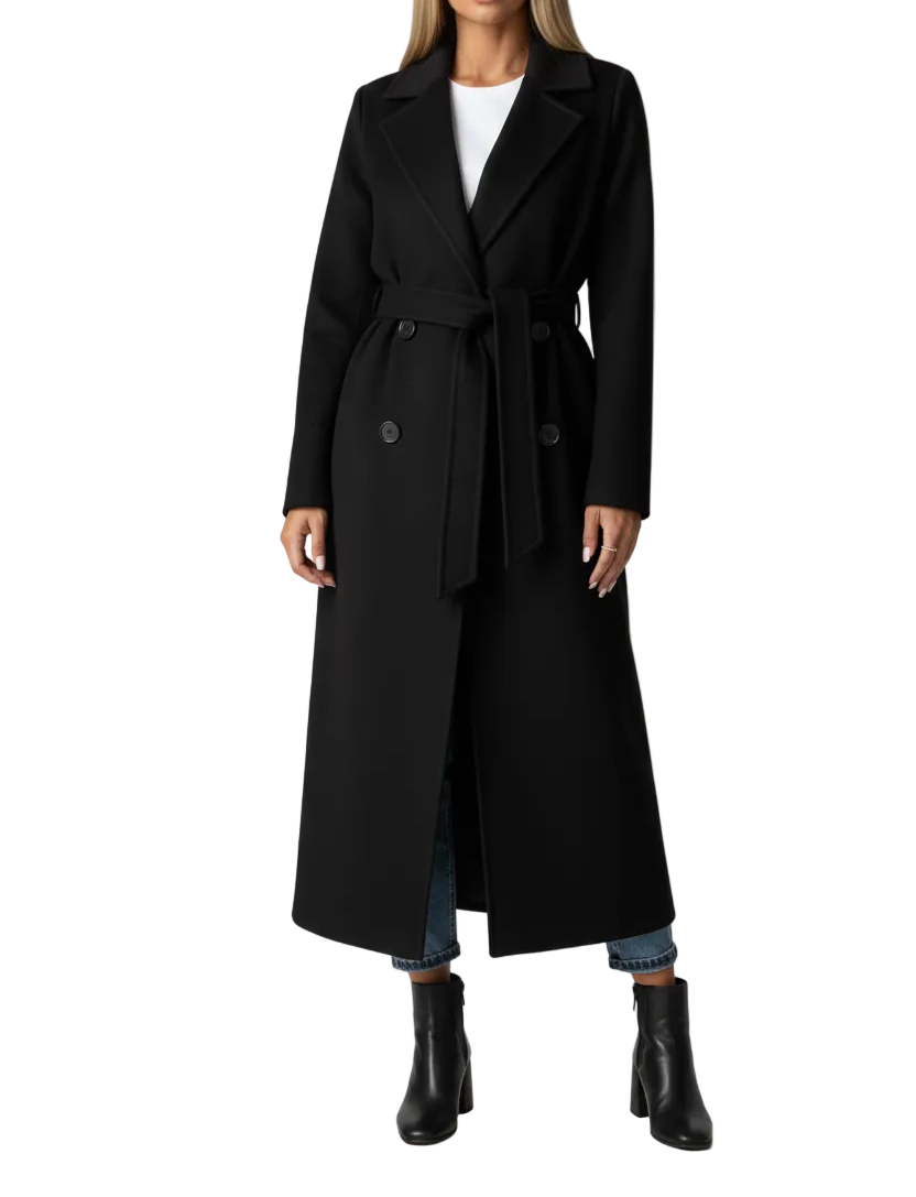 Long Womens Coat with Double Button Front and Belted Waist