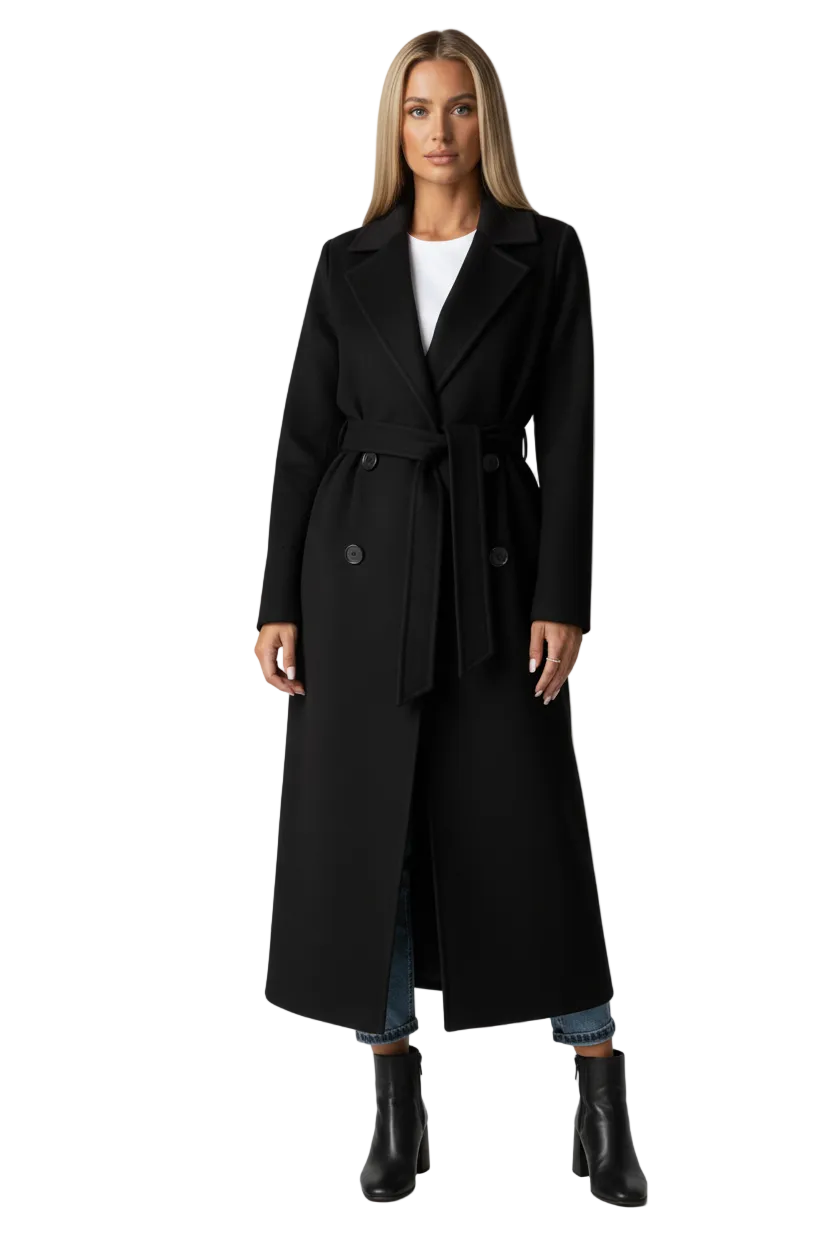 Long Womens Coat with Double Button Front and Belted Waist