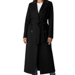 Long Womens Coat with Double Button Front and Belted Waist