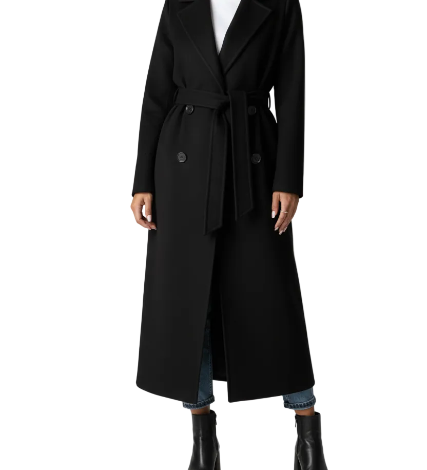 Long Womens Coat with Double Button Front and Belted Waist