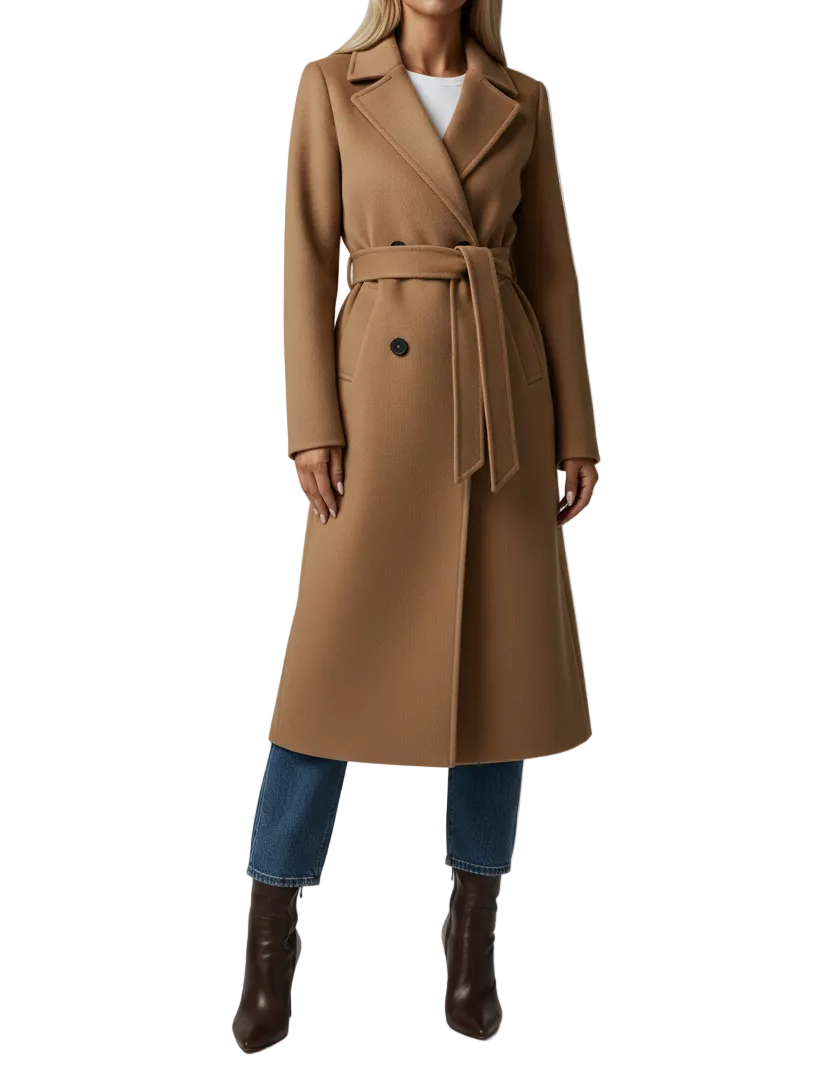 Long Womens Coat with Double Button Front and Belted Waist