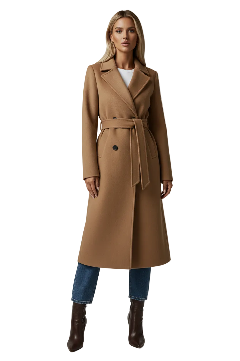 Long Womens Coat with Double Button Front and Belted Waist