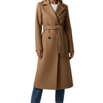 Long Womens Coat with Double Button Front and Belted Waist
