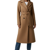 Long Womens Coat with Double Button Front and Belted Waist