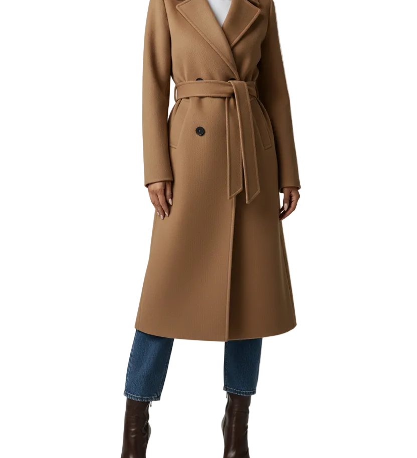 Long Womens Coat with Double Button Front and Belted Waist
