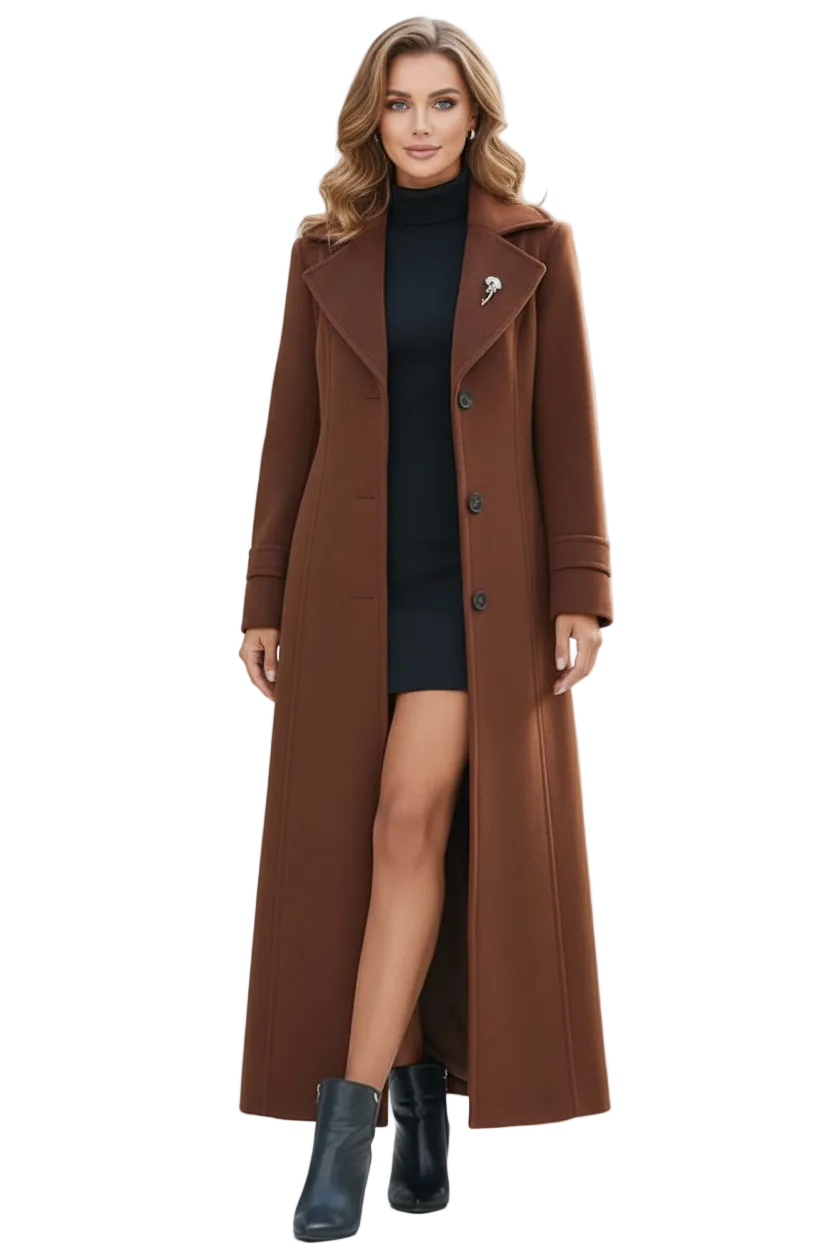 Long Womens Coat with Shawl Collar and Belted Waist