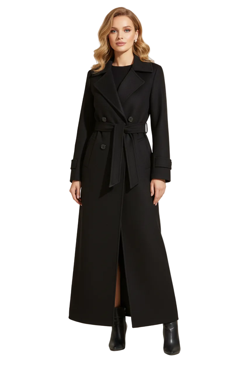 Long Womens Coat with Shawl Collar and Belted Waist