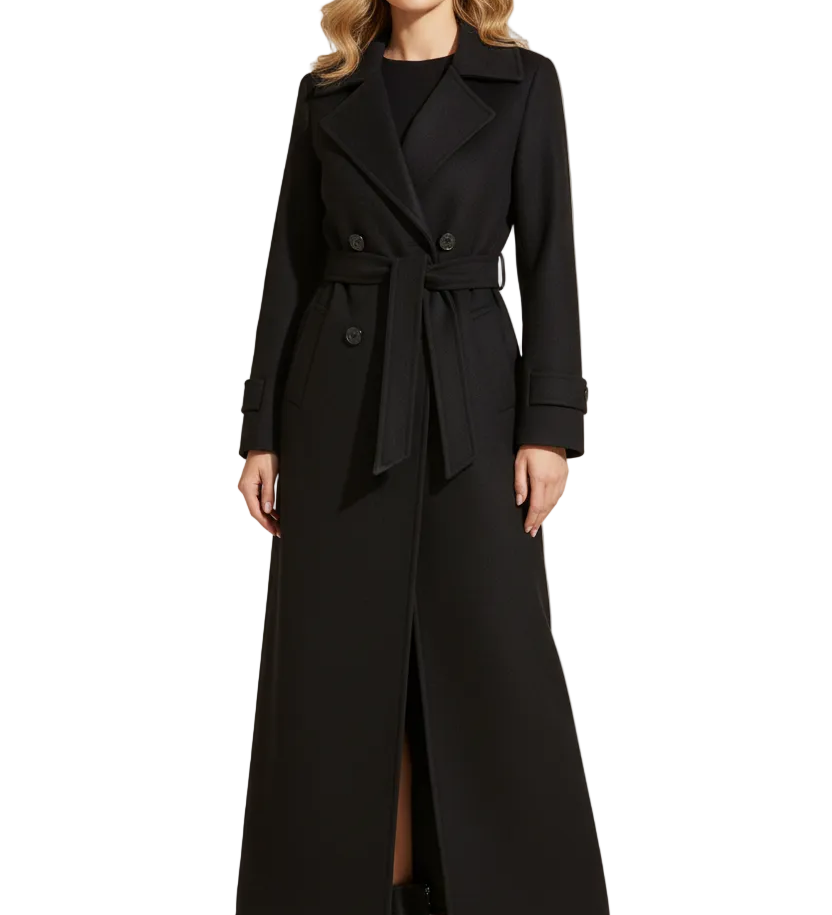 Long Womens Coat with Shawl Collar and Belted Waist