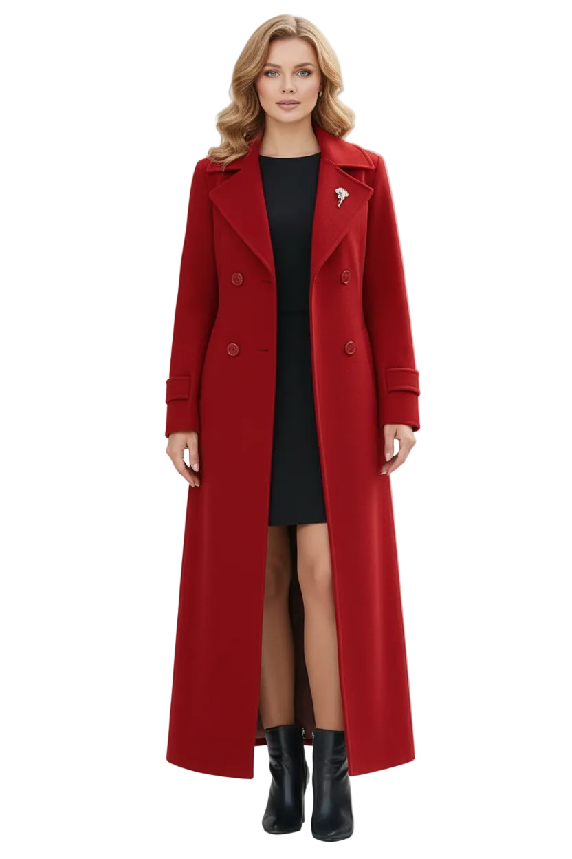 Long Womens Coat with Shawl Collar and Belted Waist